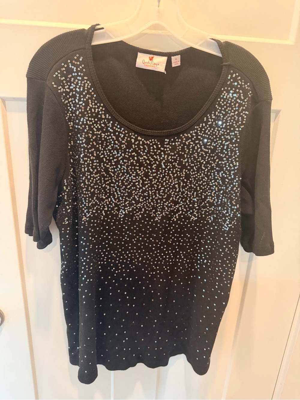 Quacker Factory XL Black Sequin Knit Sweater Top 3/4 Sleeve Holiday Party QVC